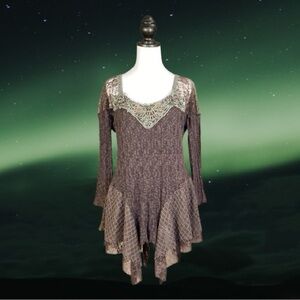 Pretty Angel Brown Lace Knit Asymmetrical Handkerchief Hem Top